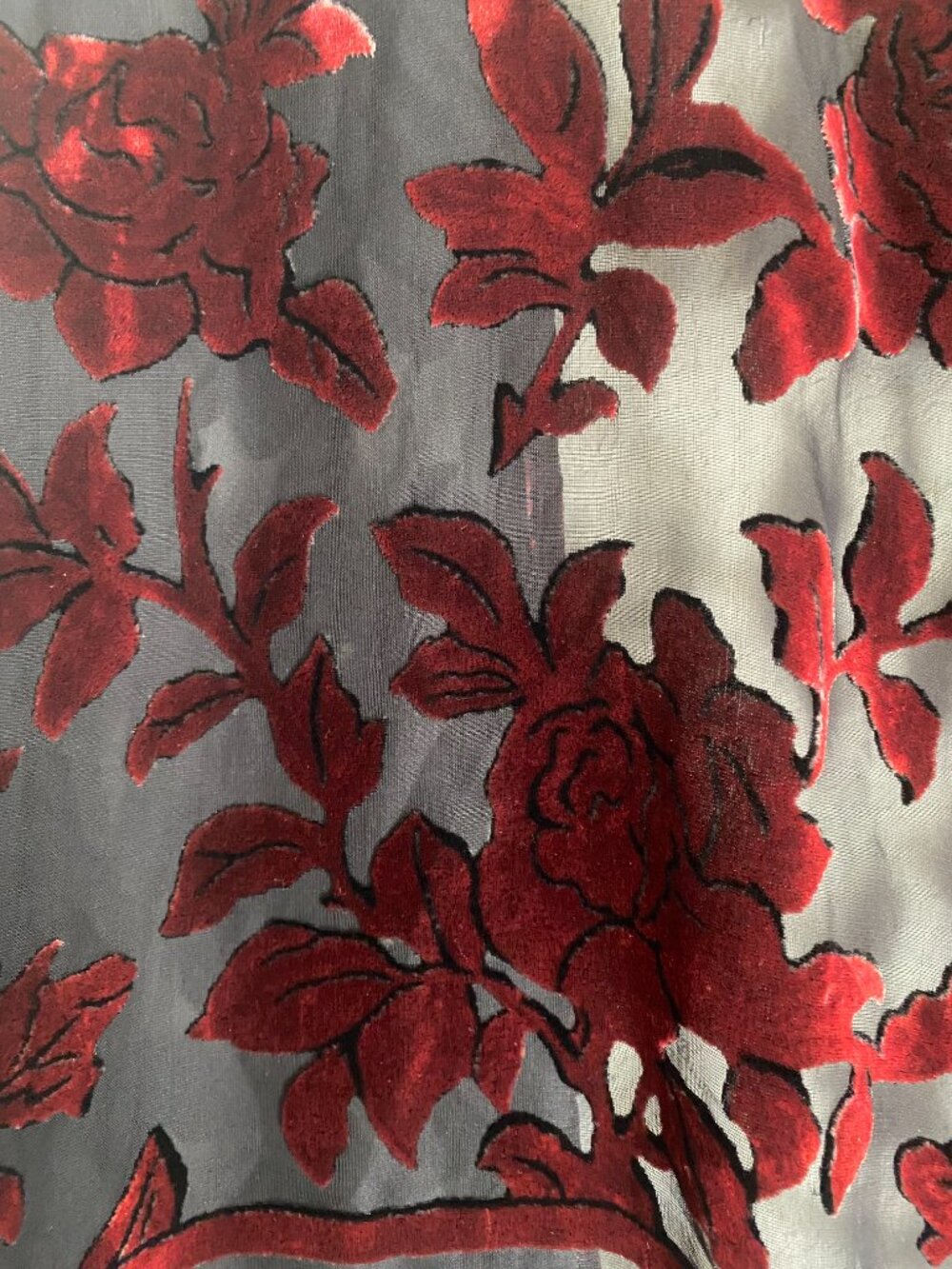 Silk Gothic Romantic Burgundy Red Velvet Floral Sheer Shawl Wrap Macrame Fringe - Picture 8 of 10